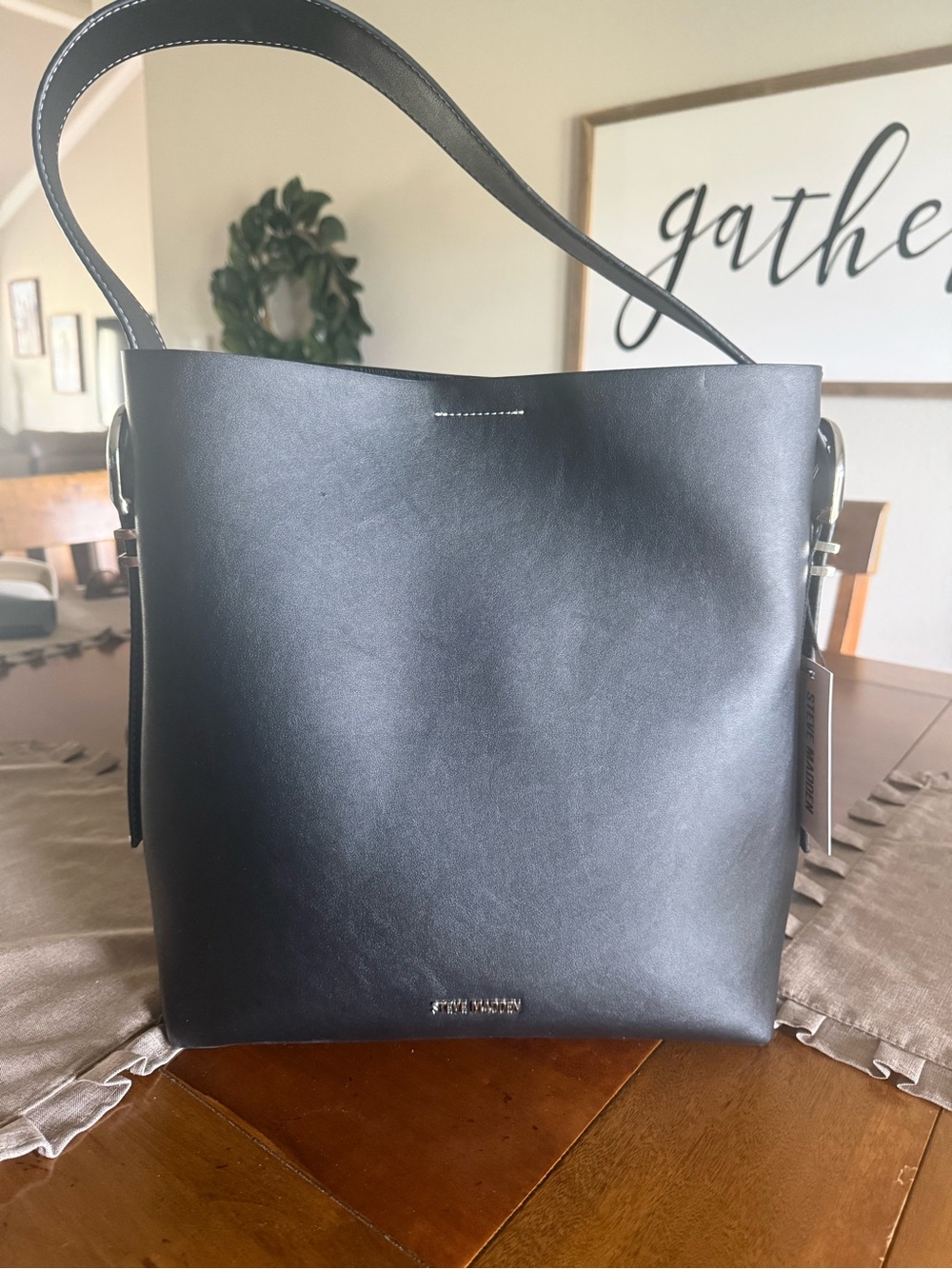 Steve Madden Black Leather Bucket Handbag